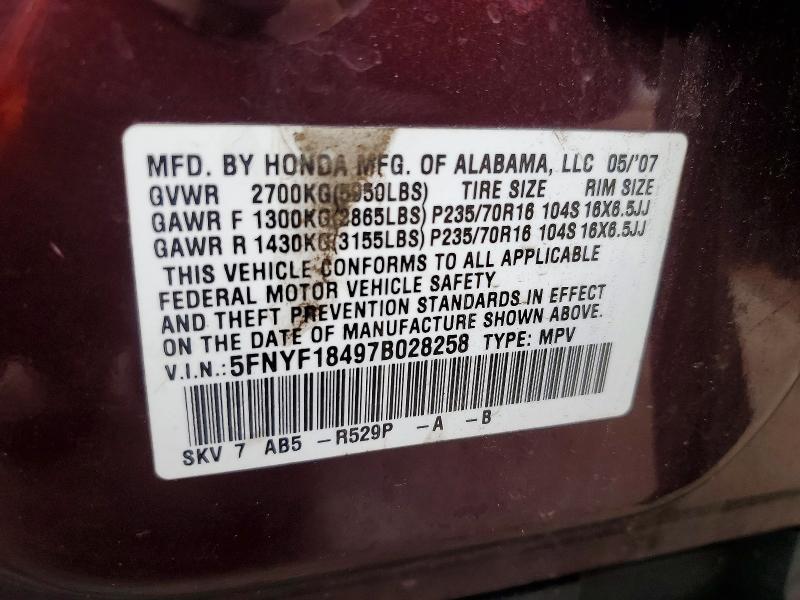 Продажа на аукционе авто 2007 Honda Pilot, vin: 5FNYF18497B028258, номер лота: 53633676