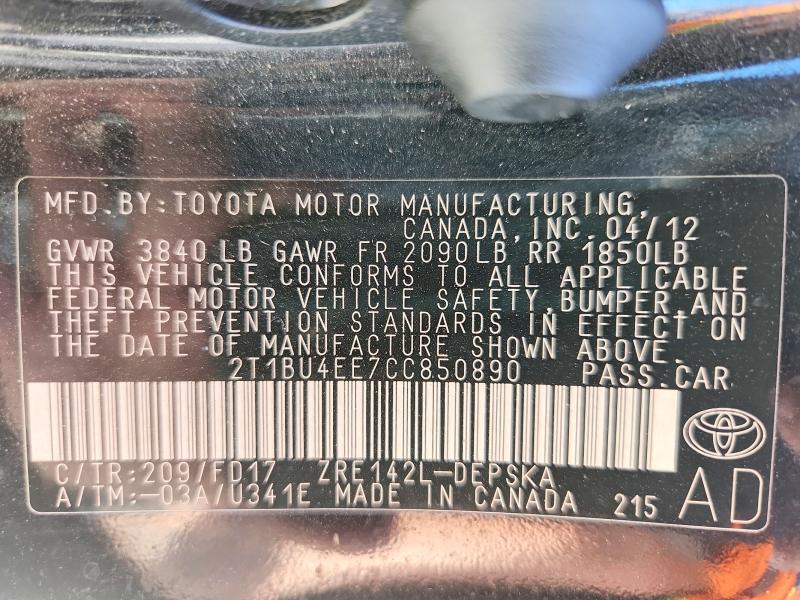 Aukcja sprzedaży 2012 Toyota Corolla, vin: 2T1BU4EE7CC850890, numer aukcji: 51804216
