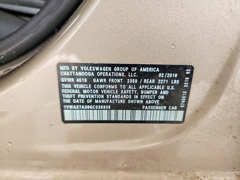 Продаж на аукціоні авто 2016 Volkswagen Passat, vin: 1VWAS7A39GC035805, номер лоту: 54527936