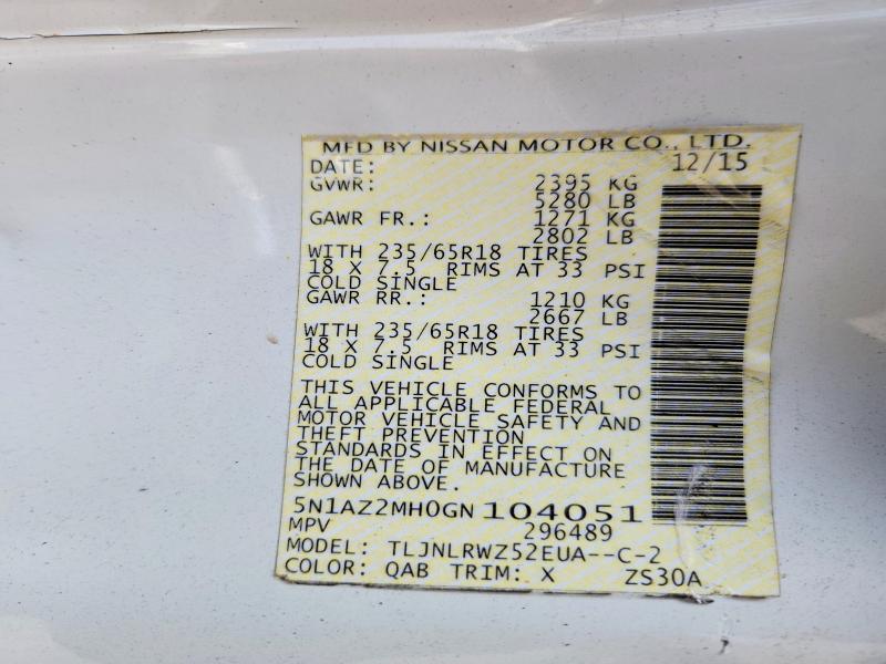 Продаж на аукціоні авто 2016 Nissan Murano, vin: 5N1AZ2MH0GN104051, номер лоту: 54982186