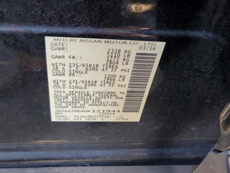 2016 Nissan Murano მანქანა იყიდება აუქციონზე, vin: 5N1AZ2MG4GN121944, აუქციონის ნომერი: 53800816