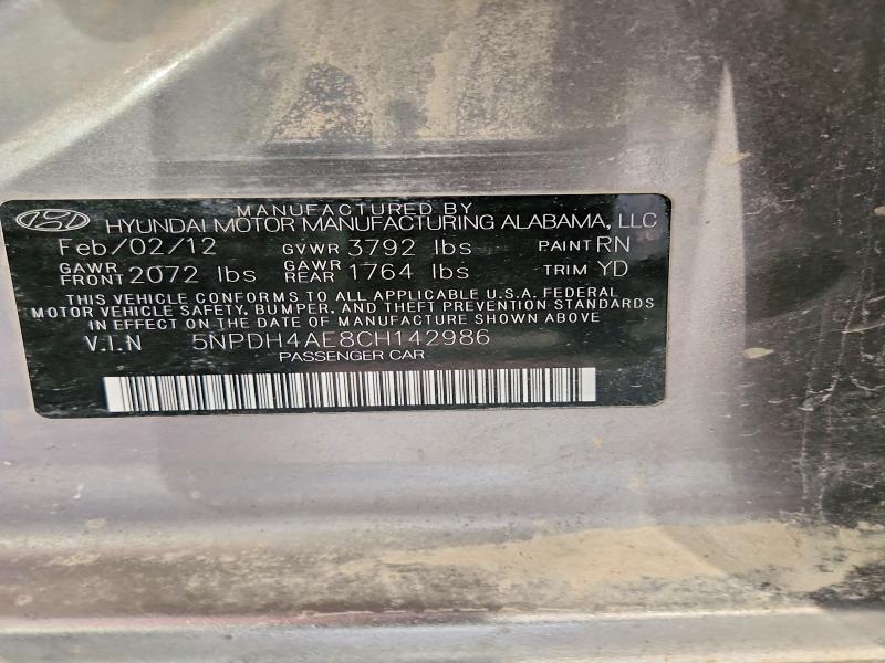 52911036 :رقم المزاد ، 5NPDH4AE8CH142986 vin ، 2012 Hyundai Elantra مزاد بيع