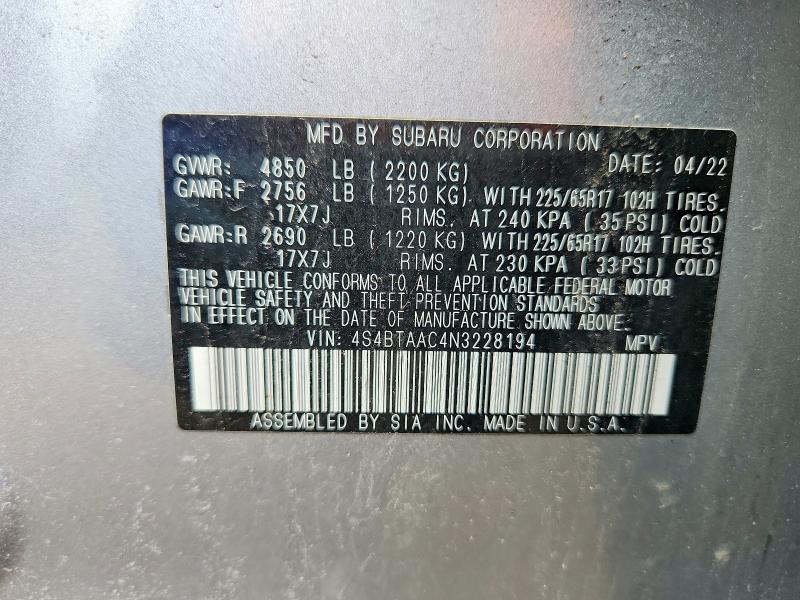 2022 Subaru Outback მანქანა იყიდება აუქციონზე, vin: 4S4BTAAC4N3228194, აუქციონის ნომერი: 53345136
