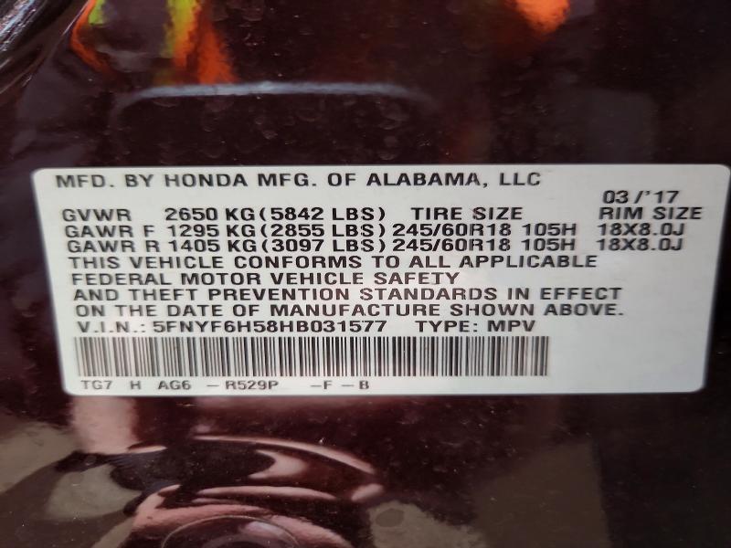 Aukcja sprzedaży 2017 Honda Pilot, vin: 5FNYF6H58HB031577, numer aukcji: 54158116