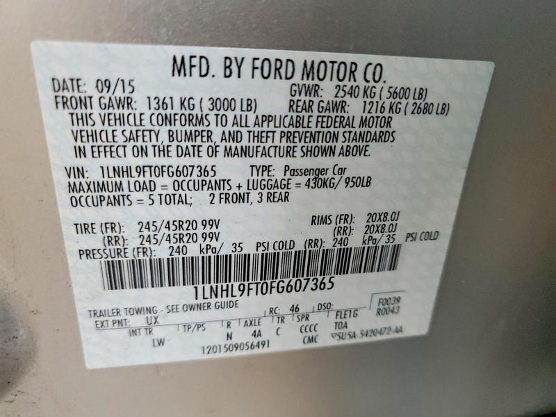 2015 Lincoln Mks მანქანა იყიდება აუქციონზე, vin: 1LNHL9FT0FG607365, აუქციონის ნომერი: 55211676