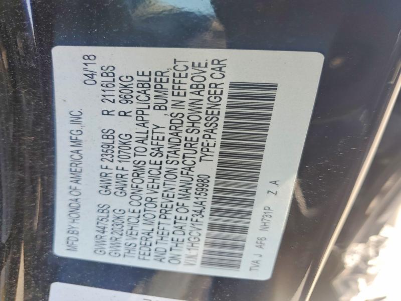 51820876 :رقم المزاد ، 1HGCV1F34JA159980 vin ، 2018 Honda Accord مزاد بيع