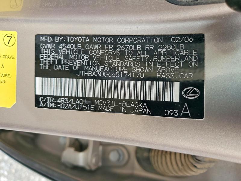2006 Lexus Es მანქანა იყიდება აუქციონზე, vin: JTHBA30G665174170, აუქციონის ნომერი: 54548016