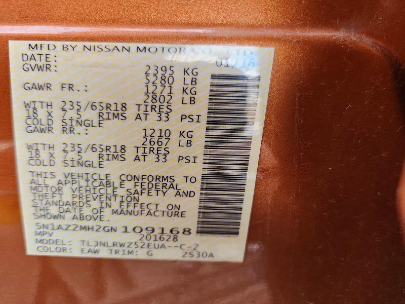 54752676 :رقم المزاد ، 5N1AZ2MH2GN109168 vin ، 2016 Nissan Murano مزاد بيع