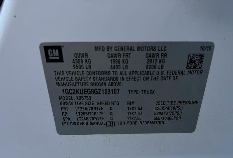 2016 Chevrolet Silverado მანქანა იყიდება აუქციონზე, vin: 1GC2KUEG8GZ103107, აუქციონის ნომერი: 55206826