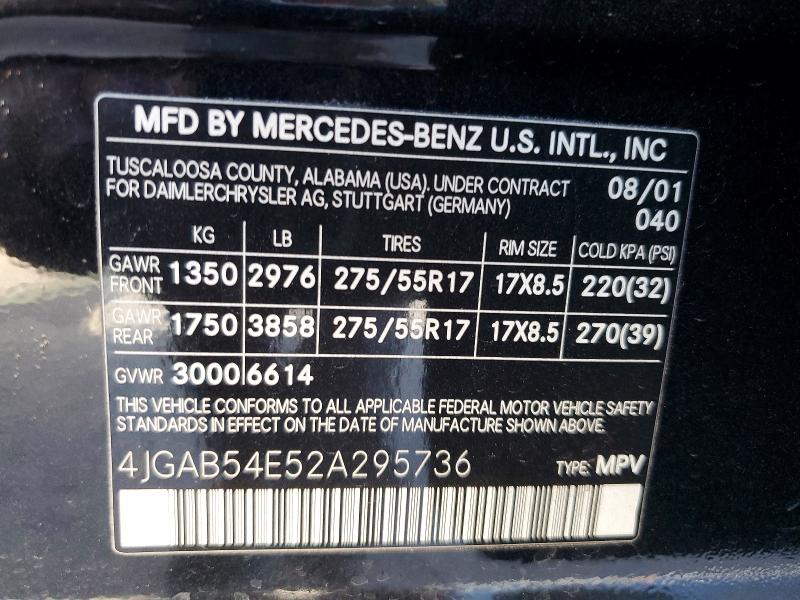 53974986 :رقم المزاد ، 4JGAB54E52A295736 vin ، 2002 Mercedes-benz Ml مزاد بيع