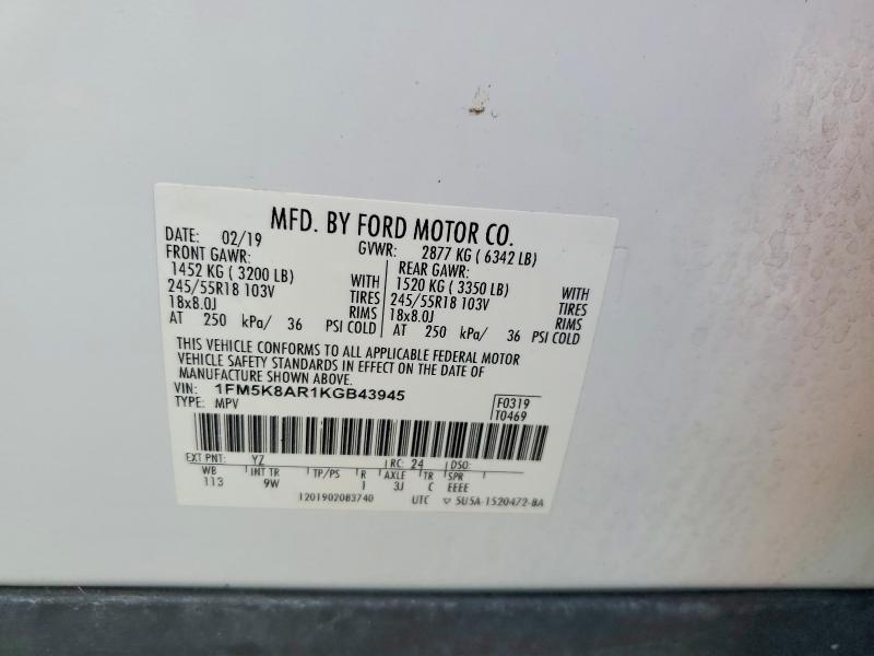2019 Ford Explorer მანქანა იყიდება აუქციონზე, vin: 1FM5K8AR1KGB43945, აუქციონის ნომერი: 51425946