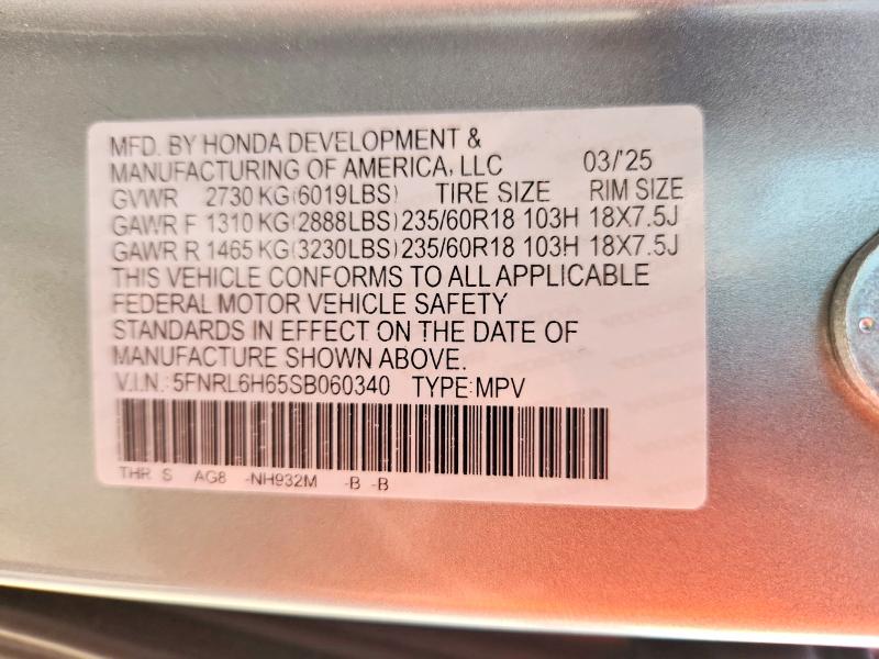 Aukcja sprzedaży 2025 Honda Odyssey, vin: 5FNRL6H65SB060340, numer aukcji: 52817366