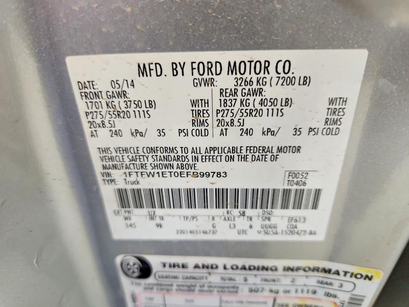 52335696 :رقم المزاد ، 1FTFW1ET0EFB99783 vin ، 2014 Ford F150 مزاد بيع