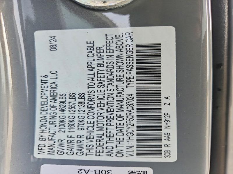 2024 Honda Accord მანქანა იყიდება აუქციონზე, vin: 1HGCY2F50RA087024, აუქციონის ნომერი: 53083886