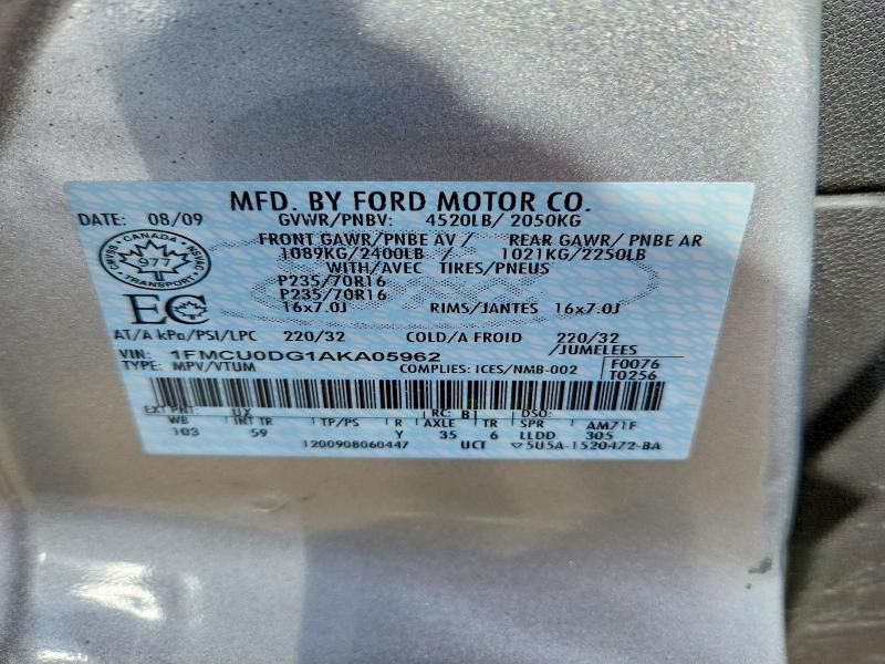 55248646 :رقم المزاد ، 1FMCU0DG1AKA05962 vin ، 2010 Ford Escape مزاد بيع