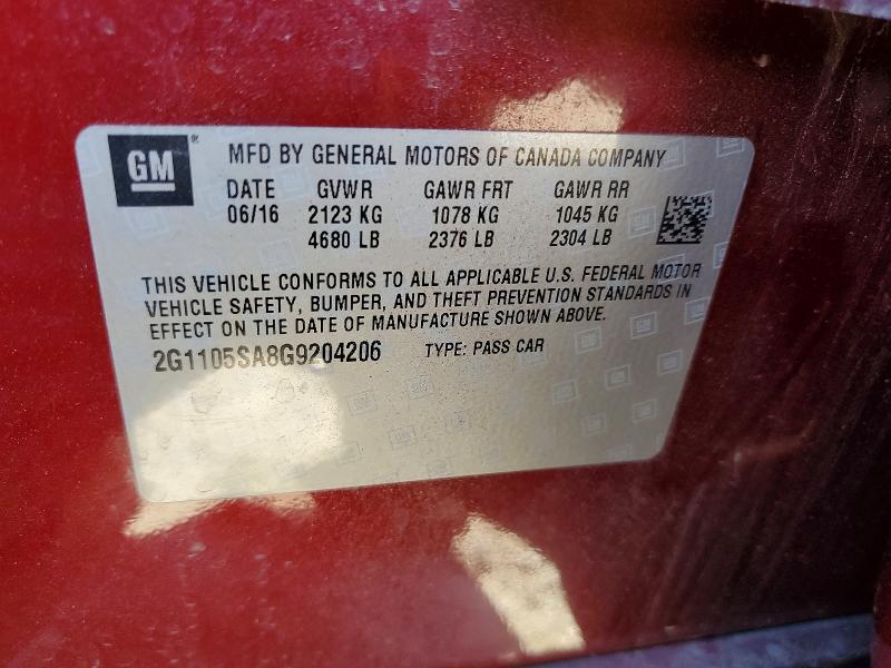 54535836 :رقم المزاد ، 2G1105SA8G9204206 vin ، 2016 Chevrolet Impala مزاد بيع