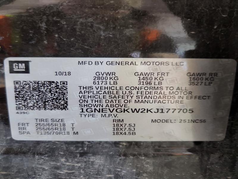53411266 :رقم المزاد ، 1GNEVGKW2KJ177705 vin ، 2019 Chevrolet Traverse مزاد بيع
