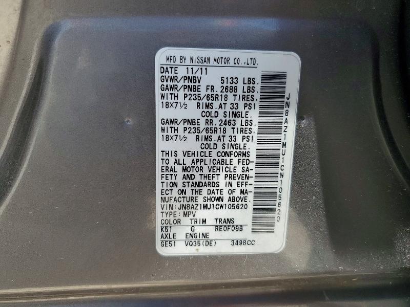 Aukcja sprzedaży 2012 Nissan Murano, vin: JN8AZ1MU1CW105620, numer aukcji: 53446256