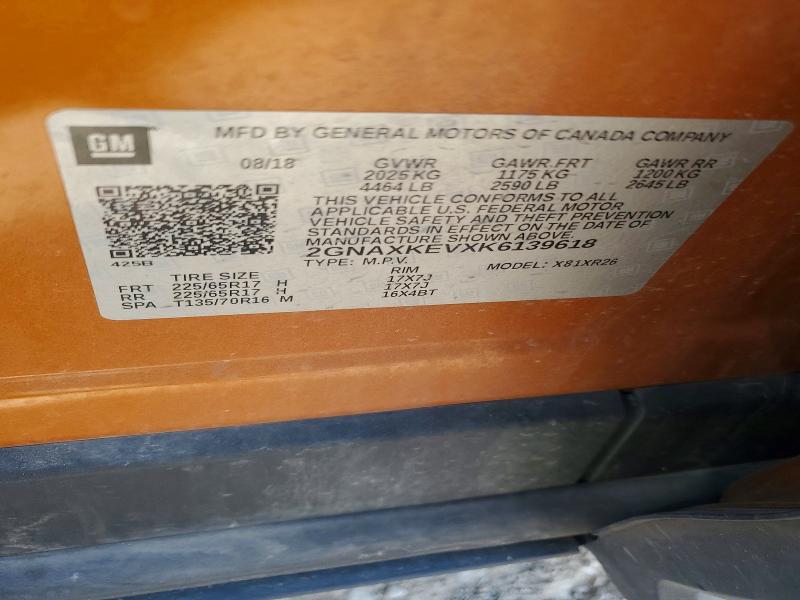 53051876 :رقم المزاد ، 2GNAXKEVXK6139618 vin ، 2019 Chevrolet Equinox مزاد بيع