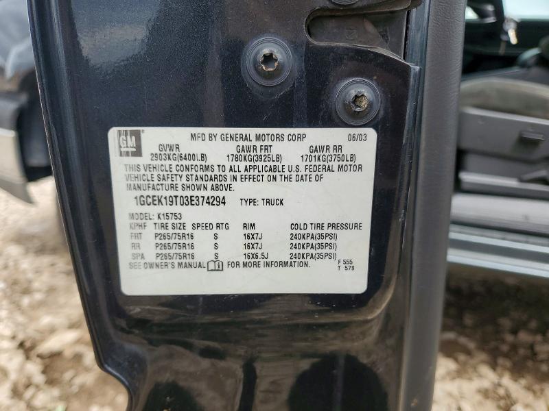 53886336 :رقم المزاد ، 1GCEK19T03E374294 vin ، 2003 Chevrolet Silverado مزاد بيع
