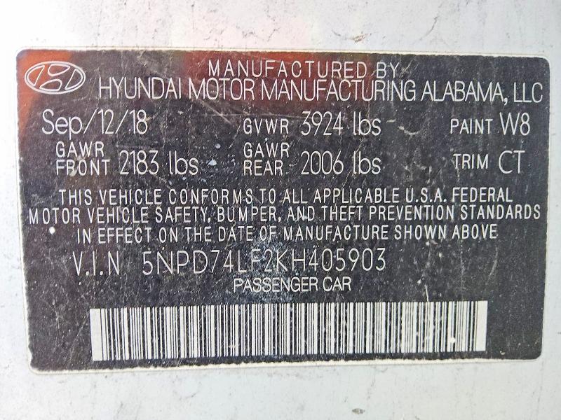 2019 Hyundai Elantra მანქანა იყიდება აუქციონზე, vin: 5NPD74LF2KH405903, აუქციონის ნომერი: 52270386