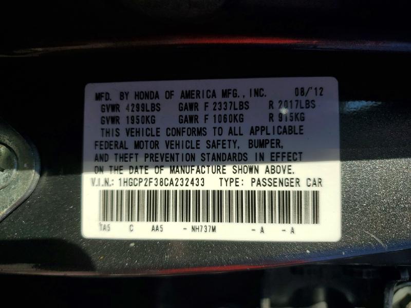 52477966 :رقم المزاد ، 1HGCP2F38CA232433 vin ، 2012 Honda Accord مزاد بيع
