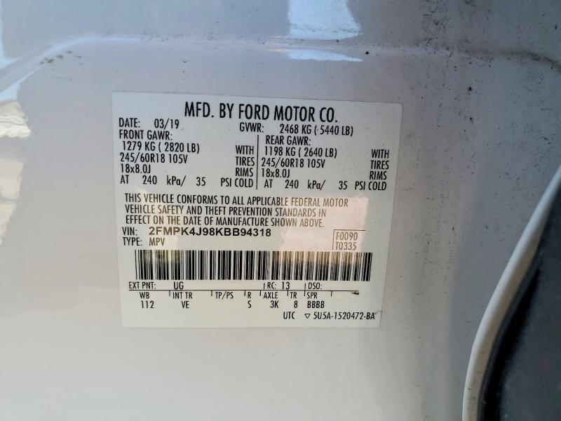 53700766 :رقم المزاد ، 2FMPK4J98KBB94318 vin ، 2019 Ford Edge مزاد بيع