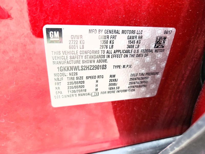 54805996 :رقم المزاد ، 1GKKNWLS2HZ290103 vin ، 2017 Gmc Acadia مزاد بيع