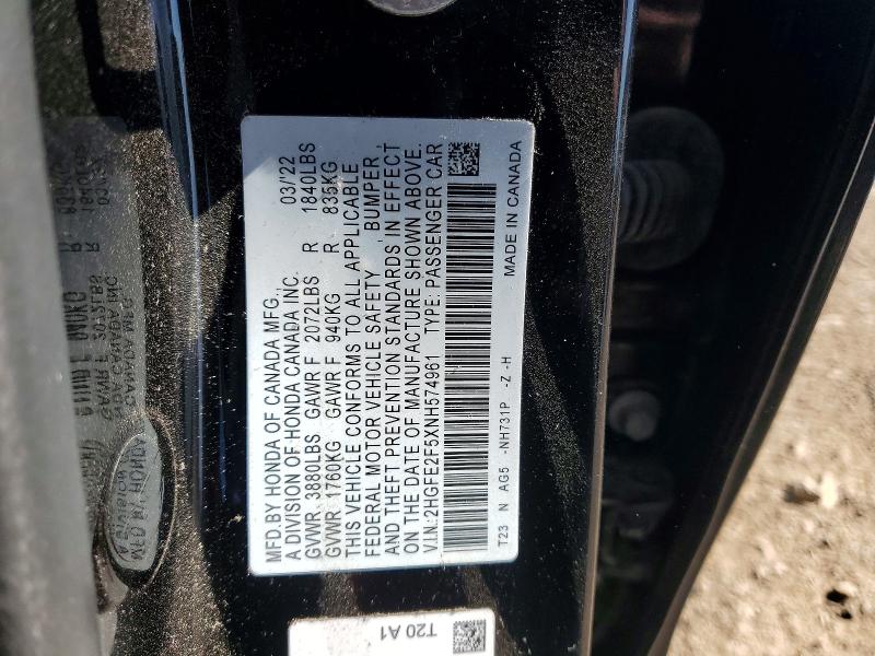 Aukcja sprzedaży 2022 Honda Civic, vin: 2HGFE2F5XNH574961, numer aukcji: 54507736