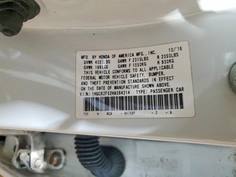 53545806 :رقم المزاد ، 1HGCR2F52HA094214 vin ، 2017 Honda Accord مزاد بيع