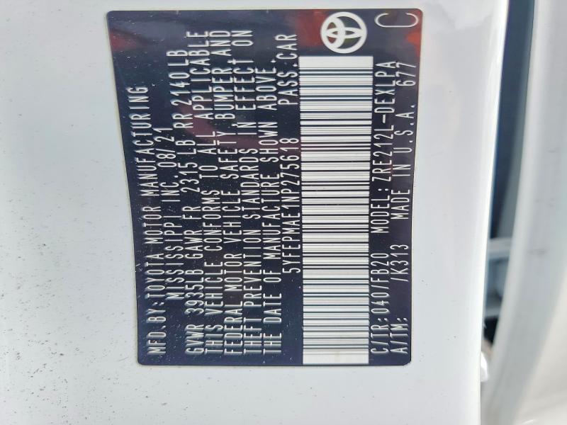 54251096 :رقم المزاد ، 5YFEPMAE1NP275618 vin ، 2022 Toyota Corolla مزاد بيع