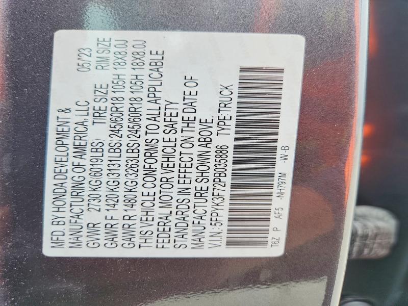 52911446 :رقم المزاد ، 5FPYK3F72PB035886 vin ، 2023 Honda Ridgeline مزاد بيع