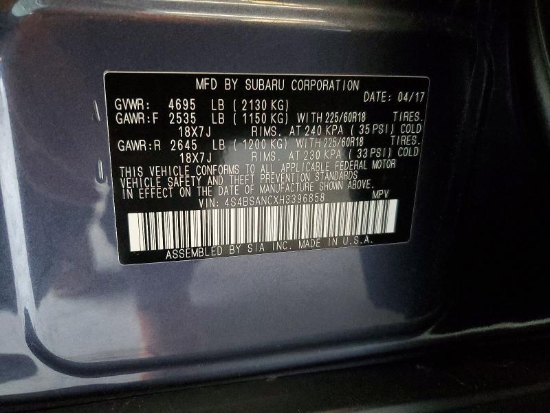 Продажа на аукционе авто 2017 Subaru Outback, vin: 4S4BSANCXH3396858, номер лота: 52554646
