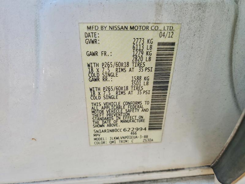 2012 Nissan Pathfinder მანქანა იყიდება აუქციონზე, vin: 5N1AR1NB0CC622994, აუქციონის ნომერი: 53559036