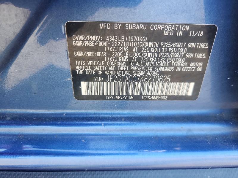 54329856 :رقم المزاد ، JF2GTACC7K8270625 vin ، 2019 Subaru Crosstrek مزاد بيع
