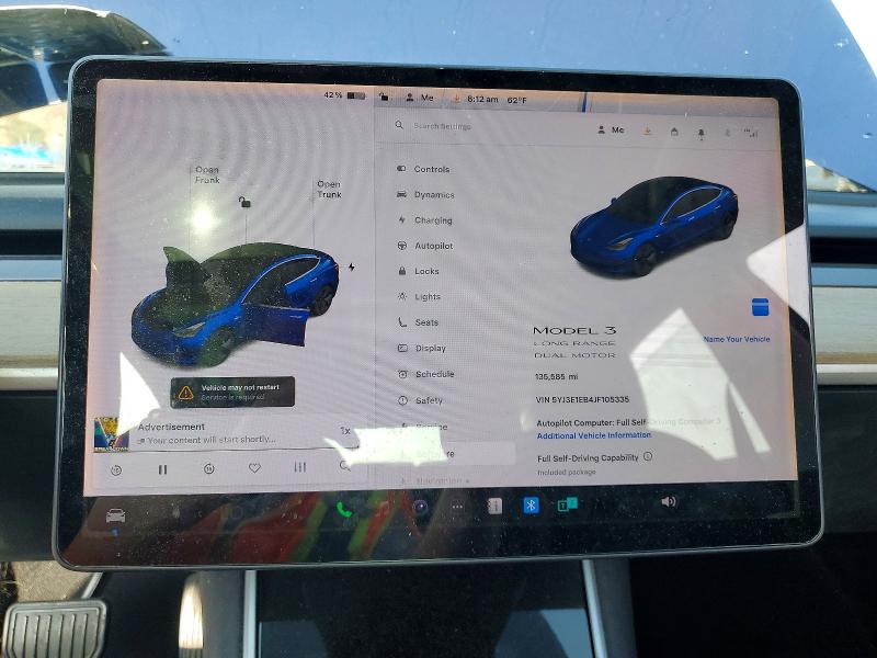 53609956 :رقم المزاد ، 5YJ3E1EB4JF105335 vin ، 2018 Tesla Model 3 مزاد بيع