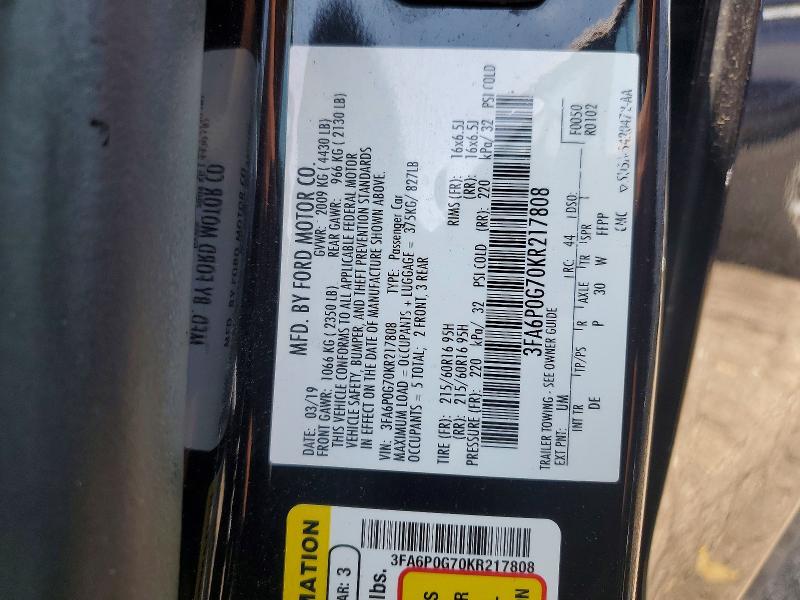 53102506 :رقم المزاد ، 3FA6P0G70KR217808 vin ، 2019 Ford Fusion مزاد بيع