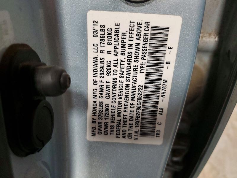 2012 Honda Civic მანქანა იყიდება აუქციონზე, vin: 19XFB2F80CE052222, აუქციონის ნომერი: 55350046
