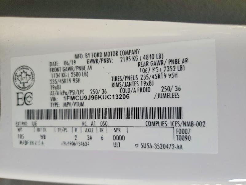Продажа на аукционе авто 2019 Ford Escape, vin: 1FMCU9J96KUC13206, номер лота: 54135246