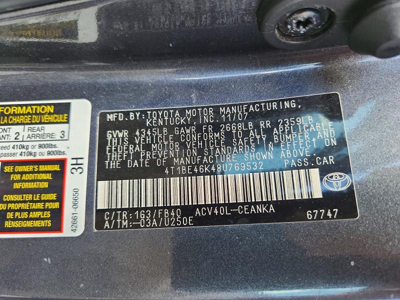 Aukcja sprzedaży 2008 Toyota Camry, vin: 4T1BE46K48U769532, numer aukcji: 53905276