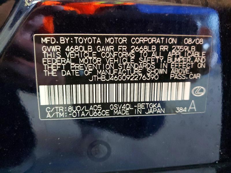 Aukcja sprzedaży 2009 Lexus Es, vin: JTHBJ46G092276390, numer aukcji: 52777386