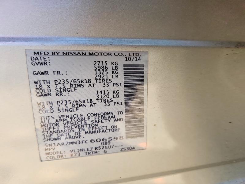 Продаж на аукціоні авто 2015 Nissan Pathfinder, vin: 5N1AR2MN3FC606598, номер лоту: 53121736