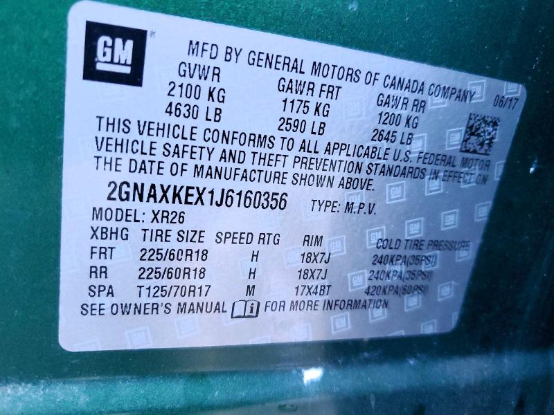 54420706 :رقم المزاد ، 2GNAXKEX1J6160356 vin ، 2018 Chevrolet Equinox مزاد بيع