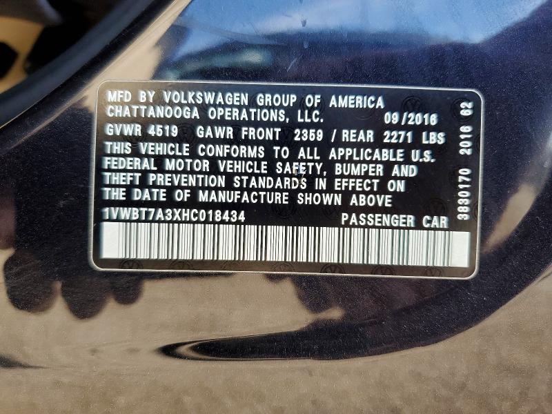 54975256 :رقم المزاد ، 1VWBT7A3XHC018434 vin ، 2017 Volkswagen Passat مزاد بيع