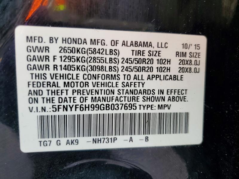 2016 Honda Pilot მანქანა იყიდება აუქციონზე, vin: 5FNYF6H99GB037695, აუქციონის ნომერი: 53810226