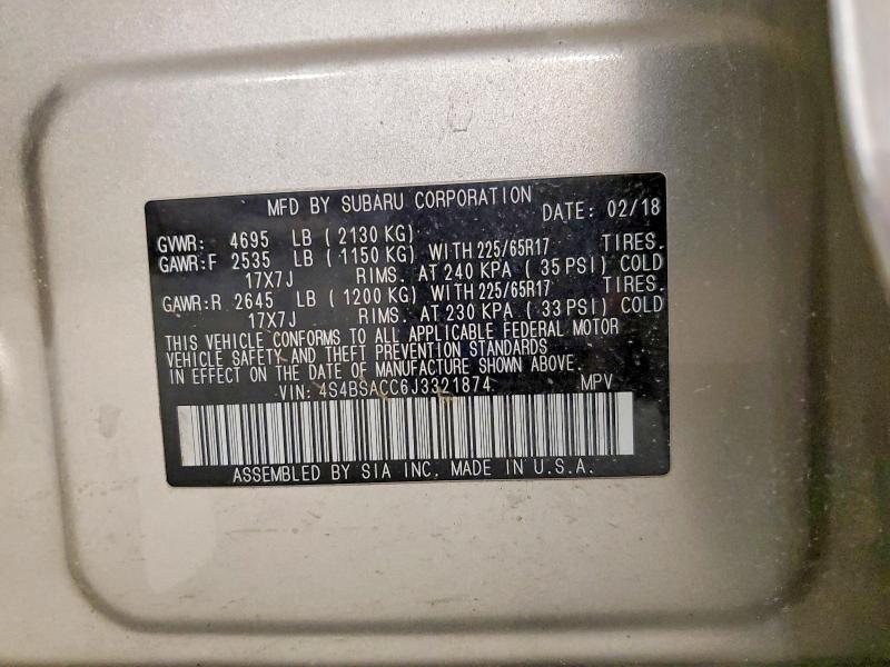 2018 Subaru Outback მანქანა იყიდება აუქციონზე, vin: 4S4BSACC6J3321874, აუქციონის ნომერი: 53454146
