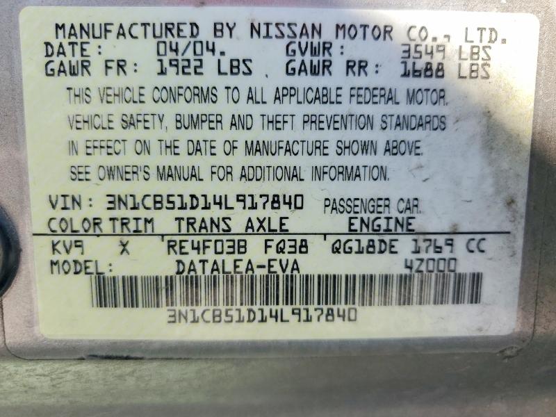 Aukcja sprzedaży 2004 Nissan Sentra, vin: 3N1CB51D14L917840, numer aukcji: 54158896