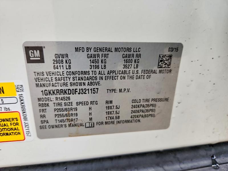 52861486 :رقم المزاد ، 1GKKRRKD0FJ321157 vin ، 2015 Gmc Acadia مزاد بيع