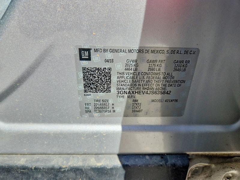 54904546 :رقم المزاد ، 3GNAXHEV4JS635842 vin ، 2018 Chevrolet Equinox مزاد بيع