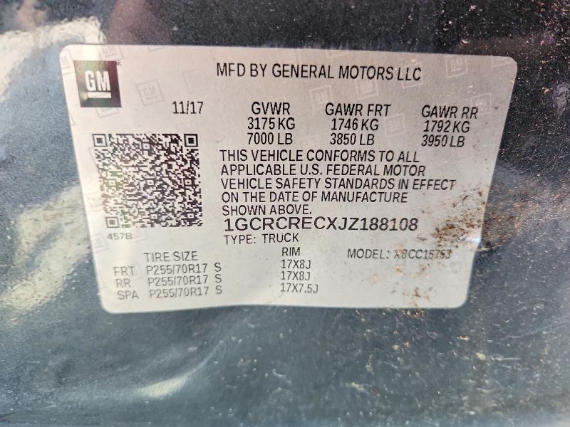2018 Chevrolet Silverado მანქანა იყიდება აუქციონზე, vin: 1GCRCRECXJZ188108, აუქციონის ნომერი: 54878286